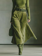 Olive Green Off-Shoulder Top & Faux Suede Skirt Set