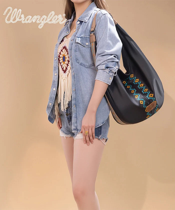 Wrangler Aztec Embroidered Wide Hobo Bag