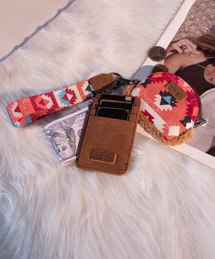 Wrangler Aztec Sherpa Trim Card Holder and Wallet Set