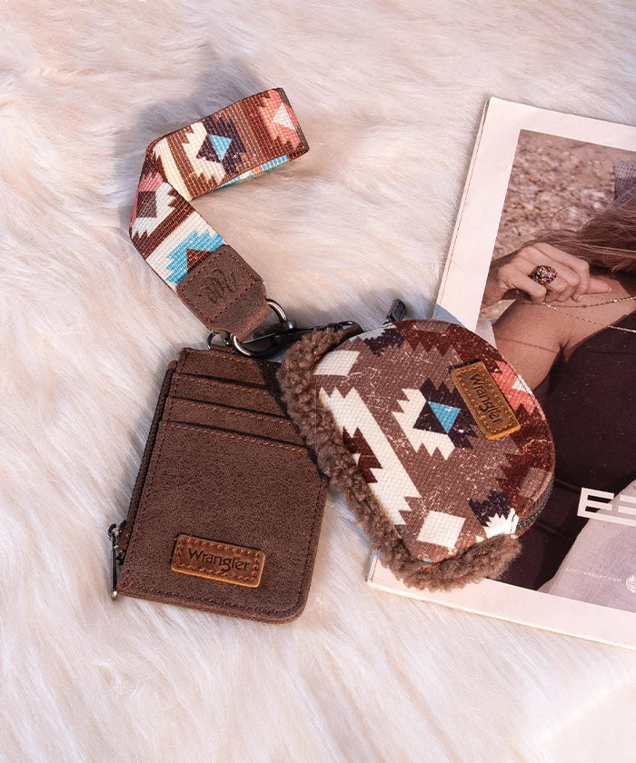 Wrangler Aztec Sherpa Trim Card Holder and Wallet Set
