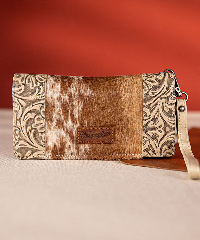 Wrangler Hair-On Cowhide Floral Tooled Wristlet