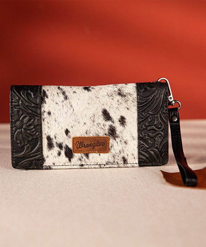Wrangler Hair-On Cowhide Floral Tooled Wristlet