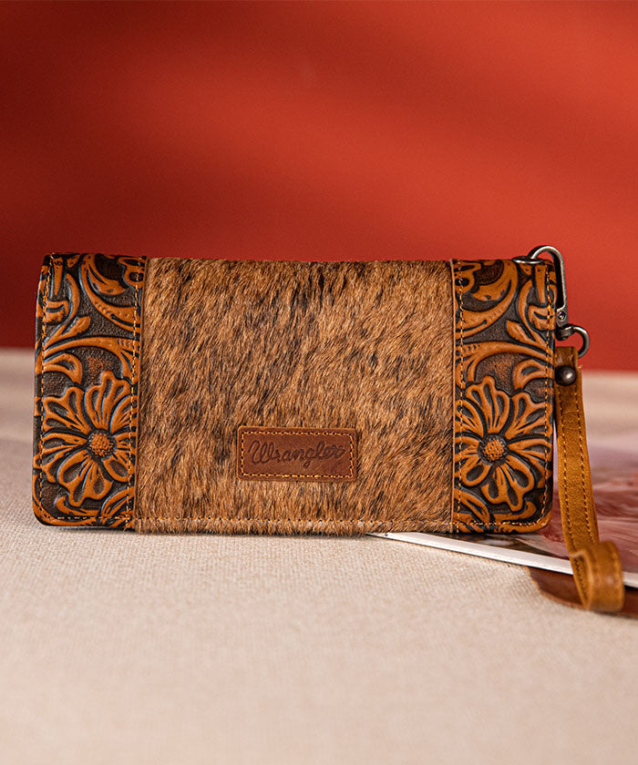 Wrangler Hair-On Cowhide Floral Tooled Wristlet