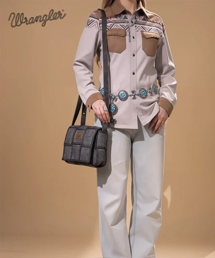 Wrangler Woven Tooled Grid Panel Flap Crossbody Bag