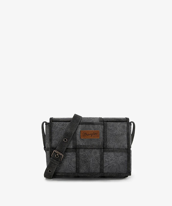 Wrangler Woven Tooled Grid Panel Flap Crossbody Bag