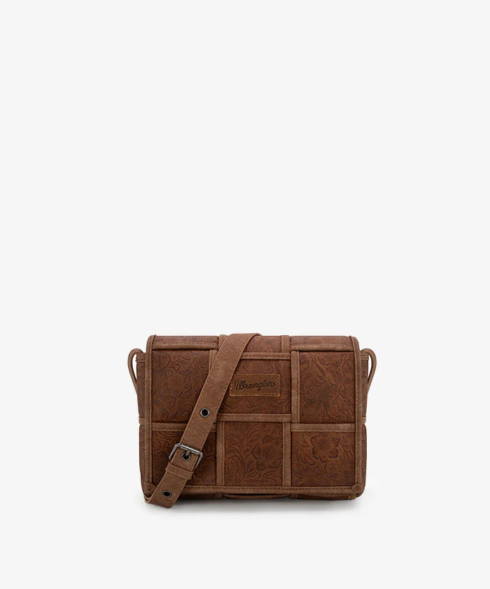 Wrangler Woven Tooled Grid Panel Flap Crossbody Bag