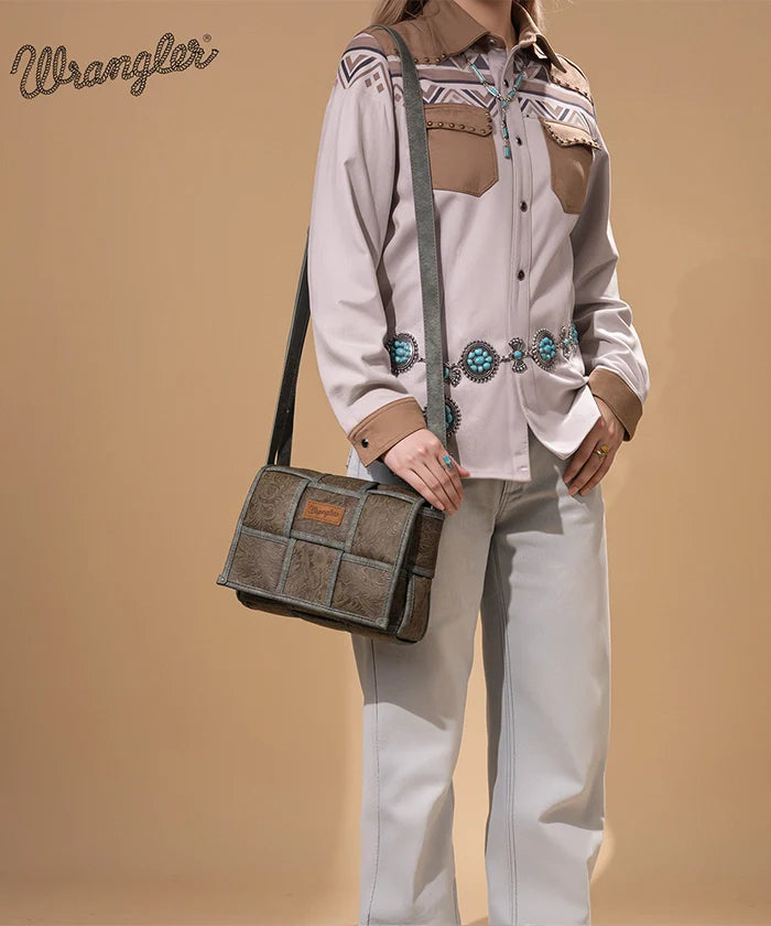 Wrangler Woven Tooled Grid Panel Flap Crossbody Bag