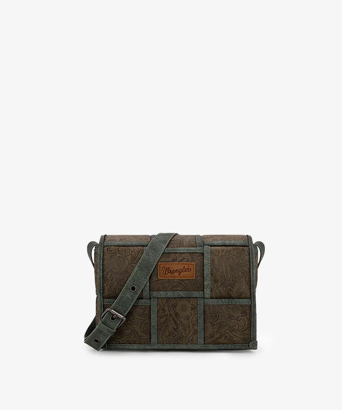Wrangler Woven Tooled Grid Panel Flap Crossbody Bag
