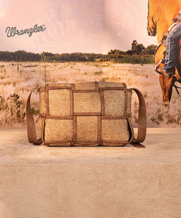 Wrangler Woven Tooled Grid Panel Flap Crossbody Bag