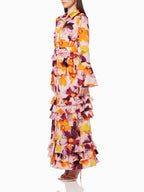 Floral Print Shirt Ruffle Cake Maxi Dress