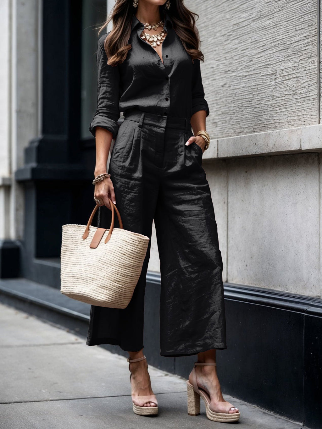 Pink Capri Pants and Loose Shirt Linen Set