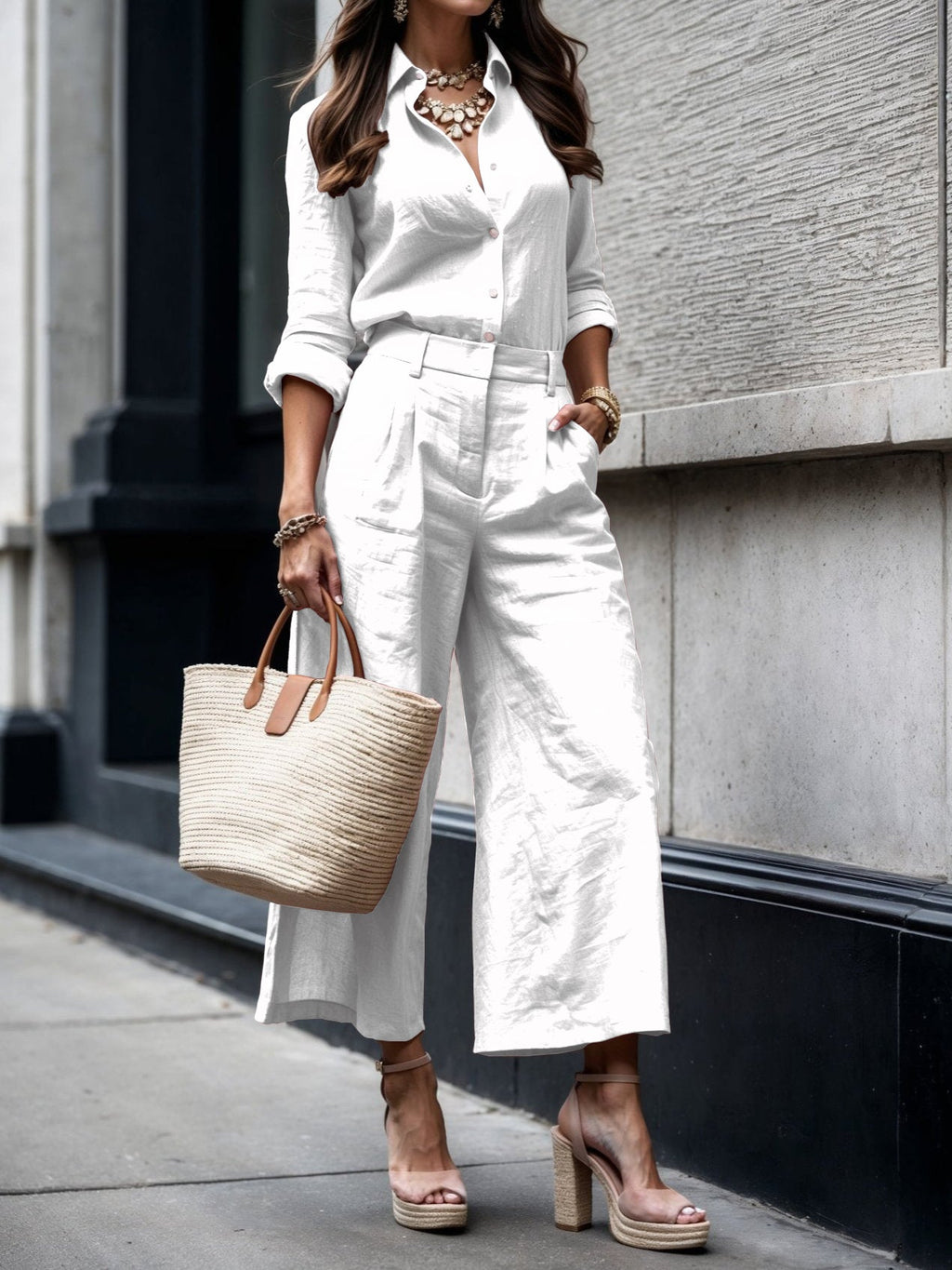 Pink Capri Pants and Loose Shirt Linen Set