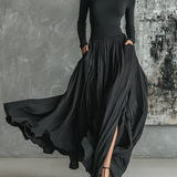 Fashion All Black Skinny Turtleneck T-shirt Pleated Skirt Set