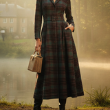 Dark Red And Green Plaid Lapel Vintage Long Dress