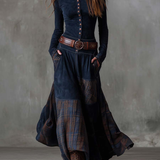 Navy Plaid Paneled Vintage Suede Maxi Dress(with belt)