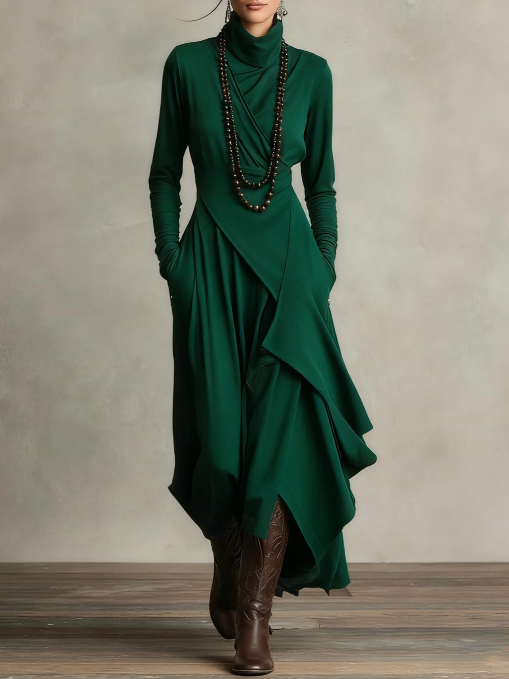Purple High-neck Asymmetrical Pleated Dress