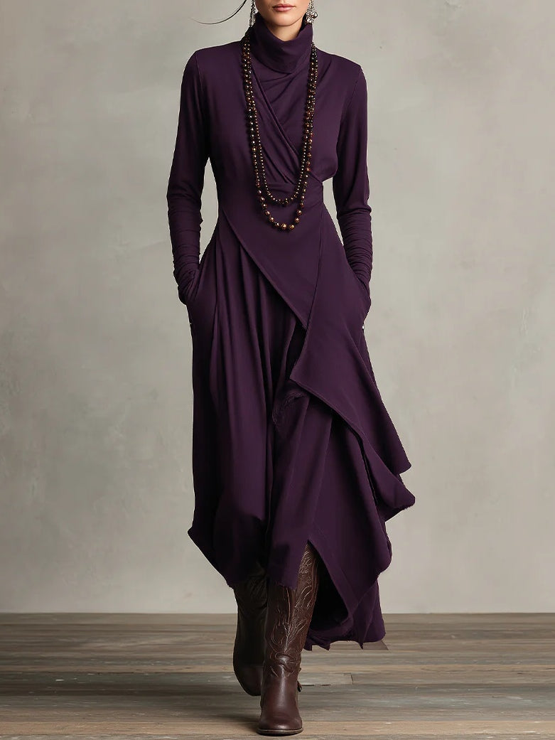 Purple High-neck Asymmetrical Pleated Dress