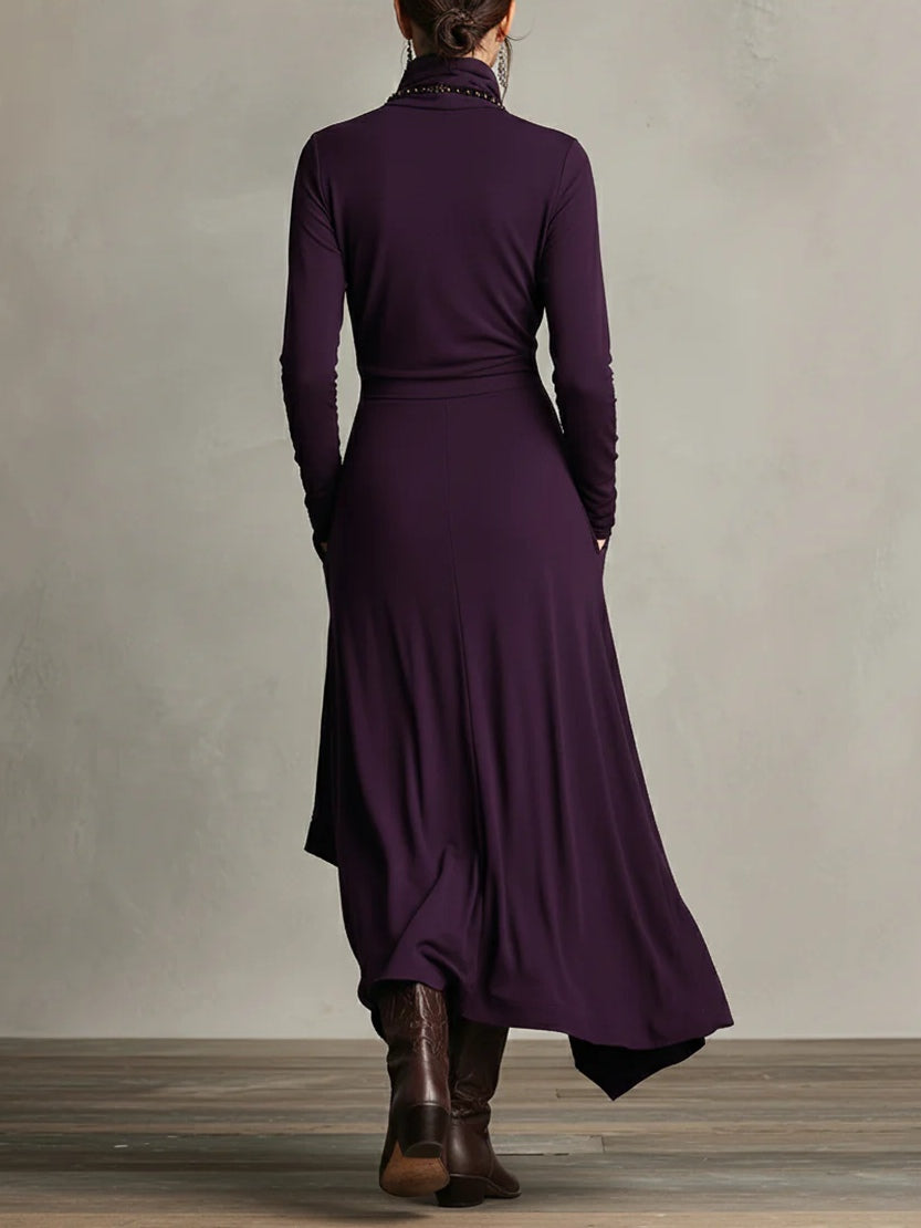 Purple High-neck Asymmetrical Pleated Dress