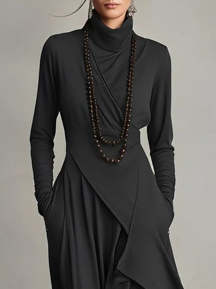 Purple High-neck Asymmetrical Pleated Dress