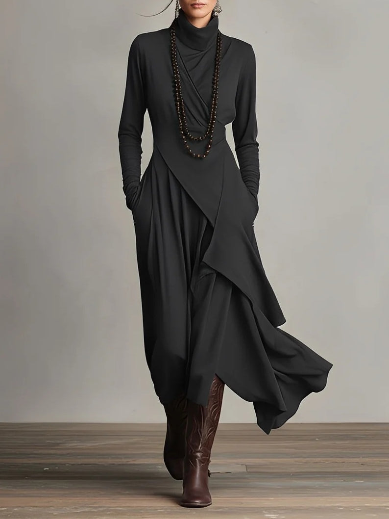 Purple High-neck Asymmetrical Pleated Dress