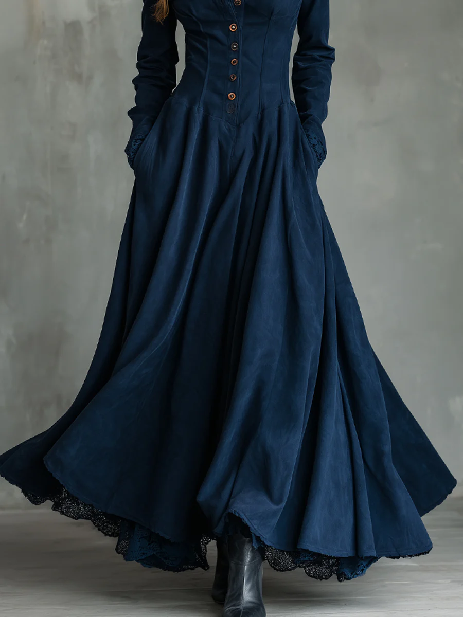 Faux Suede Lace-trimmed Shirt Collar Maxi Dress
