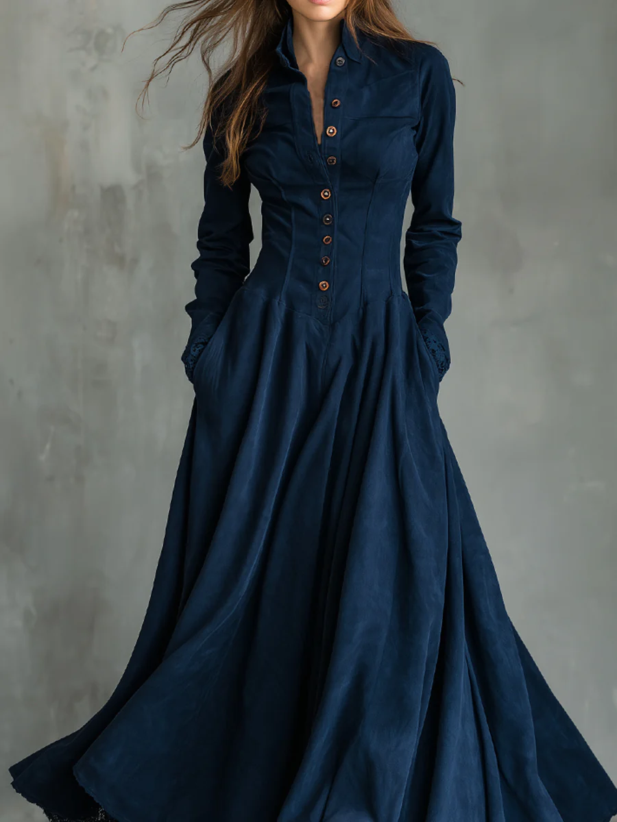 Faux Suede Lace-trimmed Shirt Collar Maxi Dress