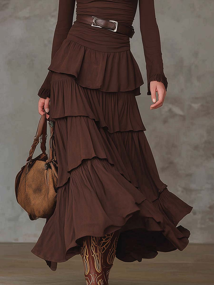 Brown Retro V-neck Multi-layered Ruffled Maxi Dress