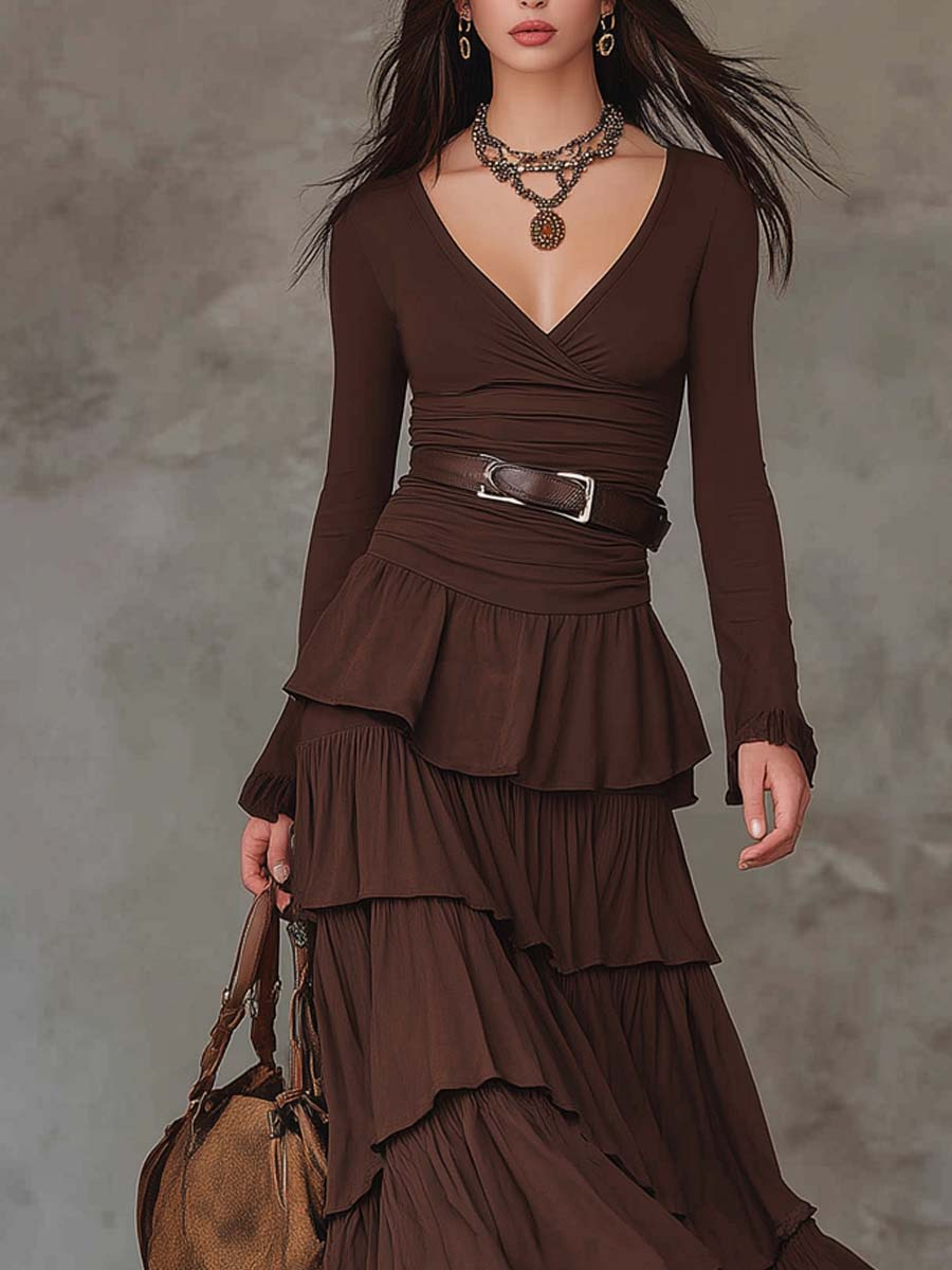 Brown Retro V-neck Multi-layered Ruffled Maxi Dress