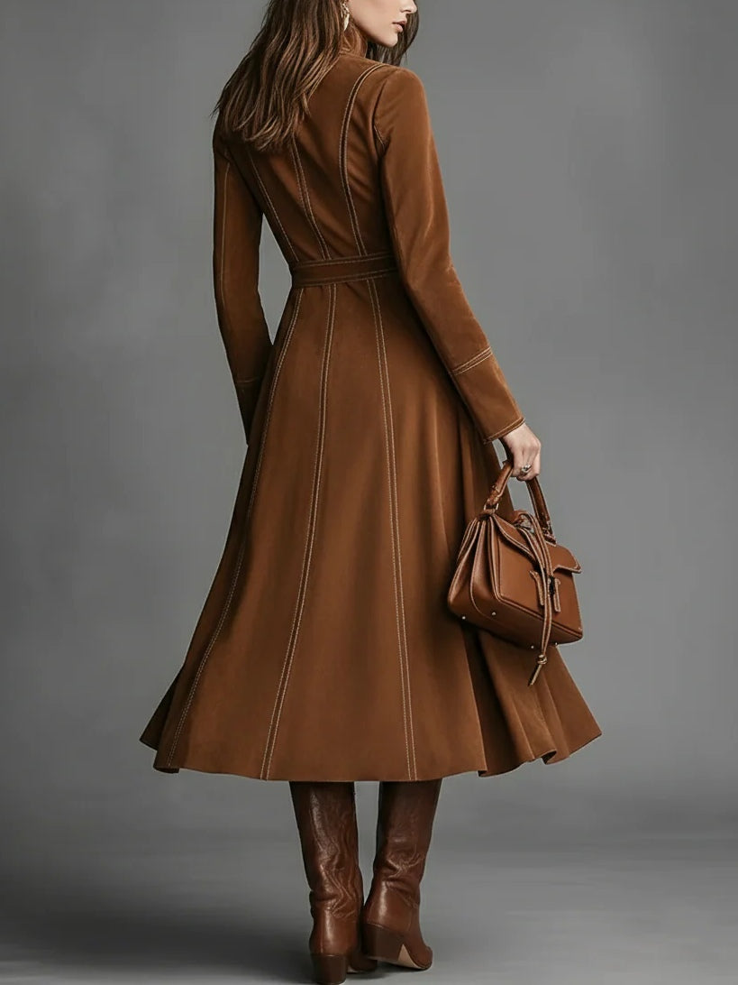 Brown Faux Suede Front Zipper Belted Elegant Maxi Dress