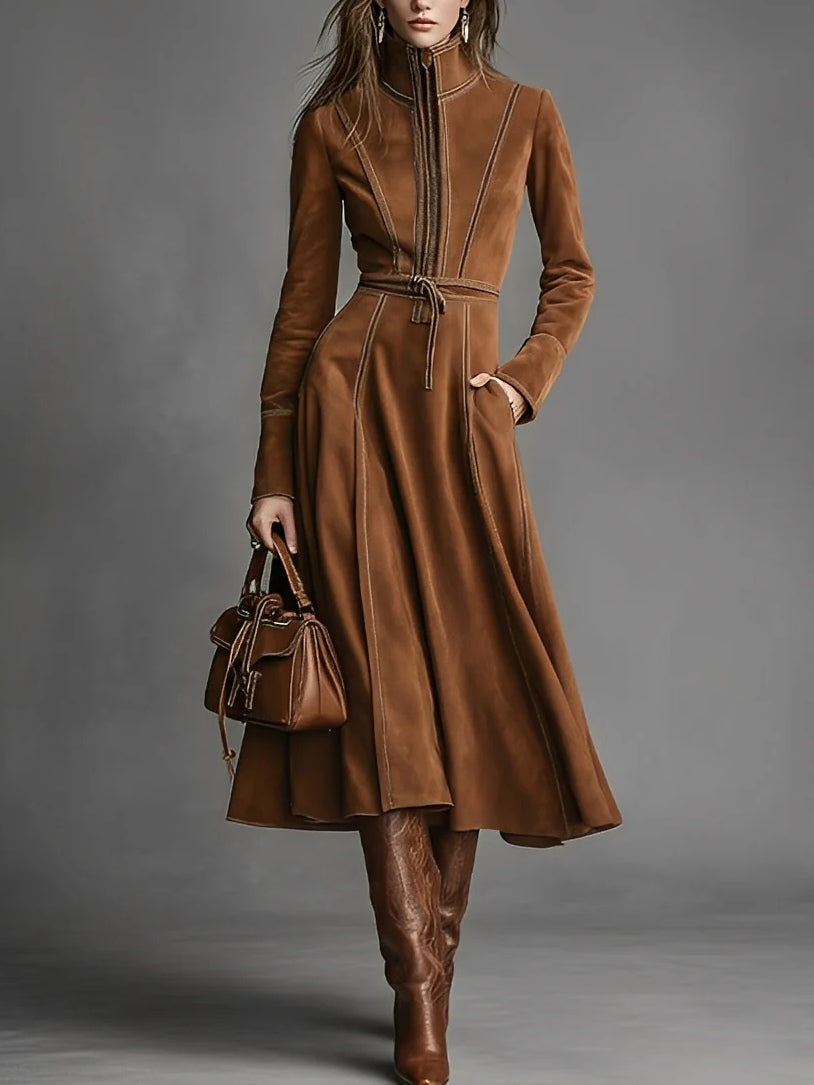 Brown Faux Suede Front Zipper Belted Elegant Maxi Dress