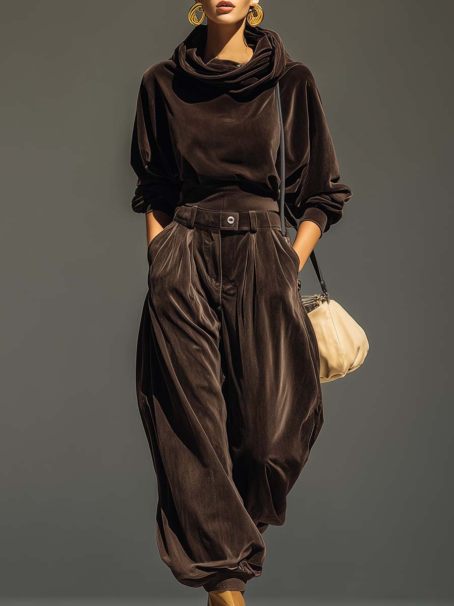 Vintage Brown Velvet Hoodie And Loose-Fitting Trousers Set（Includes Belt）