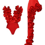 Ruffled V-Neck Red Asymmetrical Swimsuit Set