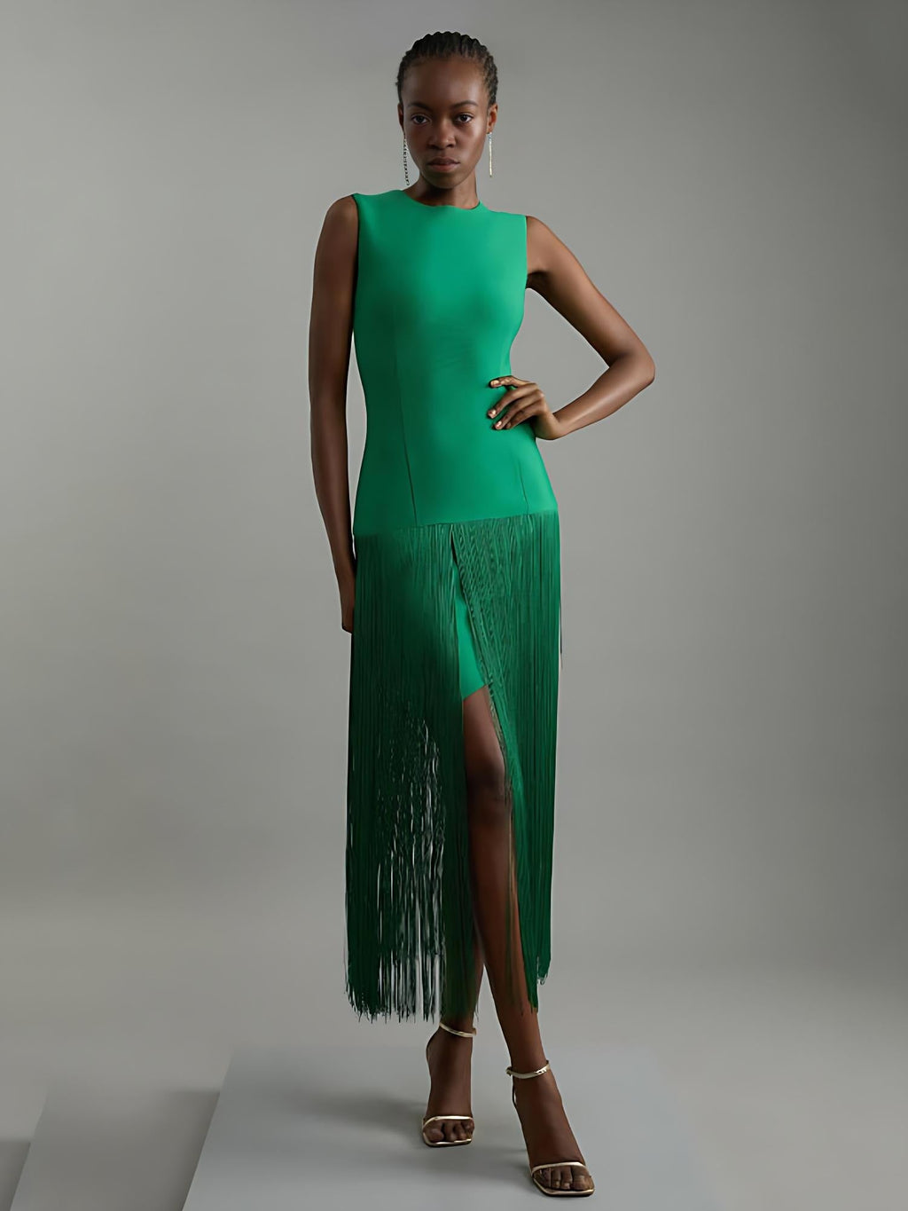 Fringe-Hem Sleeveless Knit Midi Dress