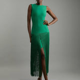 Fringe-Hem Sleeveless Knit Midi Dress