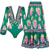 Deep V Retro Print Long Sleeve Swimsuit Set
