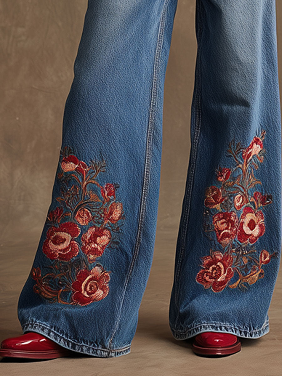 Casual Retro Floral Embroidered Wide-leg Blue Jeans