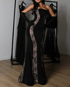 Off-Shoulder Lace Corset Chiffon Thigh Slit Maxi Dress