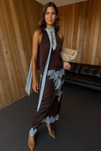 Contrast Lace Halter Neck Skirt Set