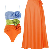 Spaghetti Strap Floral Cutout Colorblock Set