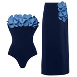 Blue 3D Floral Strapless Swimsuit