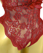 Deep V Sexy Translucent Floral Lace Cross-Back Open Crotch Design One-Piece Pajamas