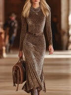 Retro Casual Leopard Print Brown Velvet Maxi Dress