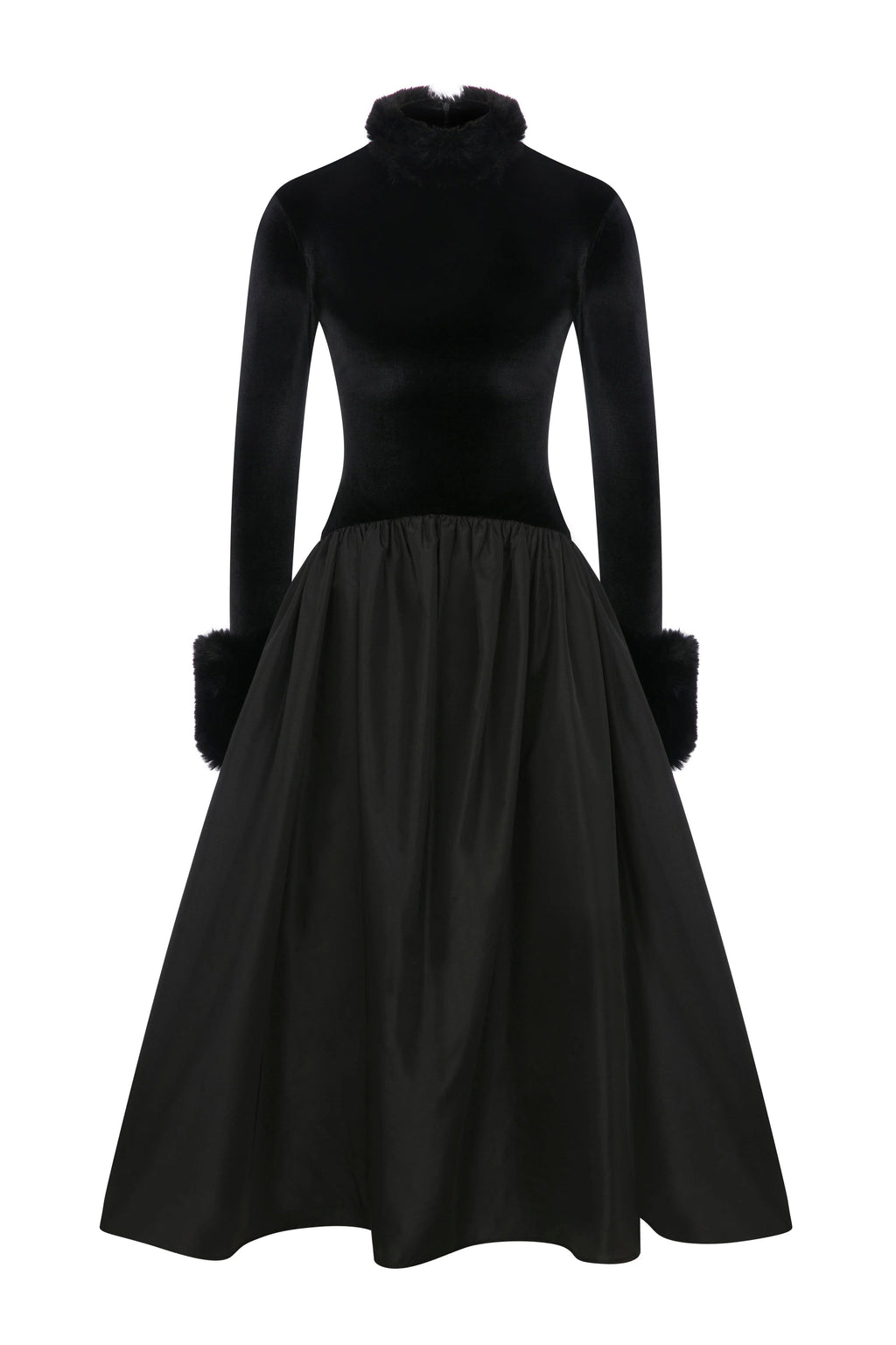 Opulent Velvet Satin Fur-Cuff Midi Dress