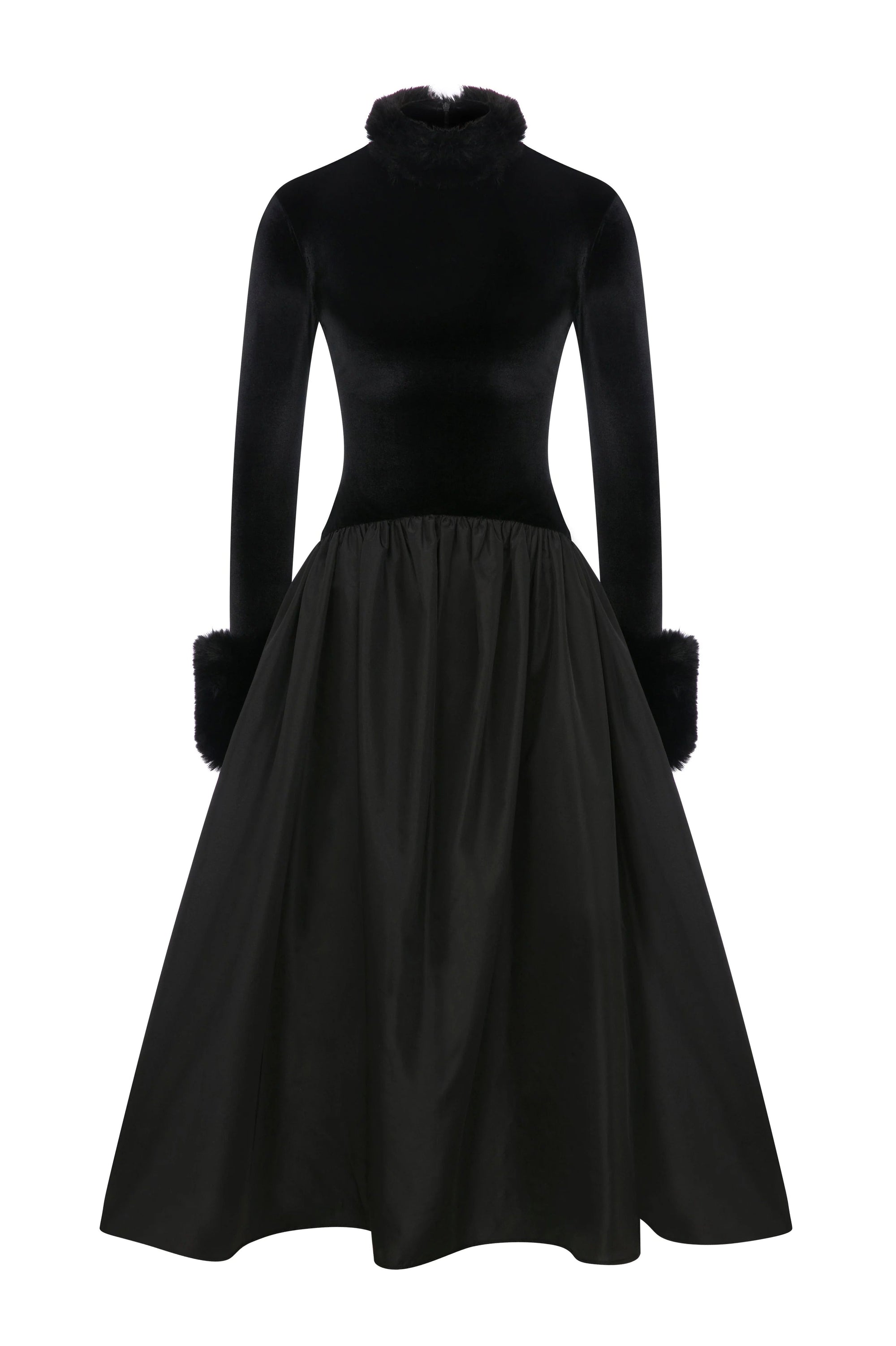 Opulent Velvet Satin Fur-Cuff Midi Dress