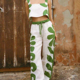 Sleeveless Folk Floral Loose Wide-Leg Pants Set