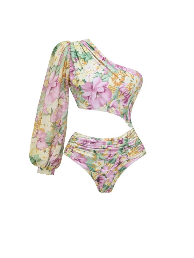 One Shoulder Cutout Floral Swimsuit Set