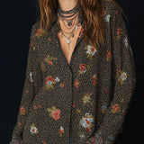 Retro Floral Print Curved Hem Ruffled Sleeves Blouse