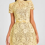 Embroidered Lace Belted Sheer Mini Dress
