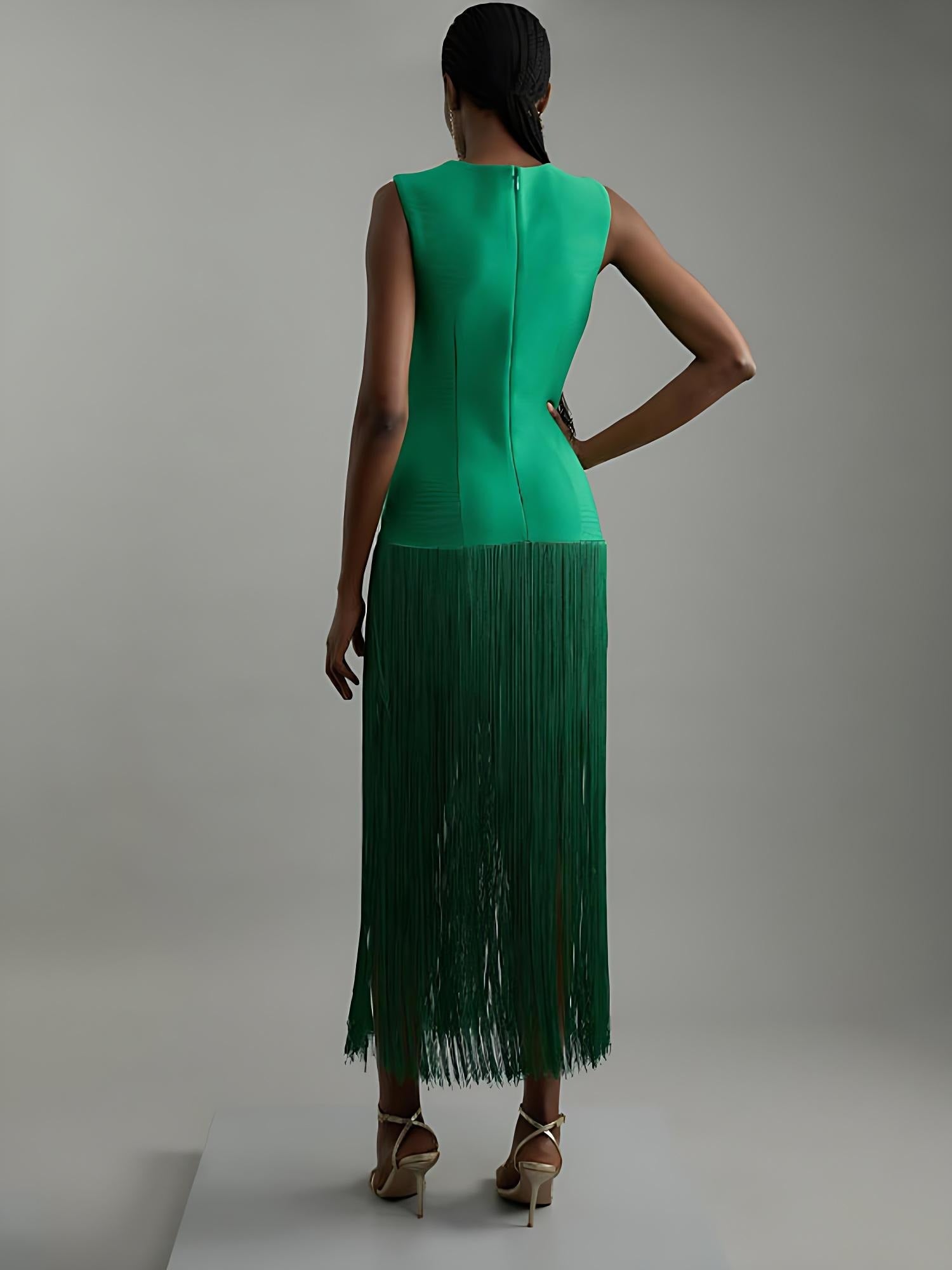 Fringe-Hem Sleeveless Knit Midi Dress