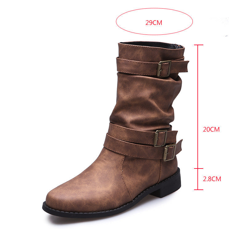 Sloane Luxe Slouch Boots – Buckle-Accented Mid-Calf Flat Boots